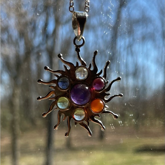 Jewelry - Sterling Silver Sunburst Necklace with Multicolored Stones